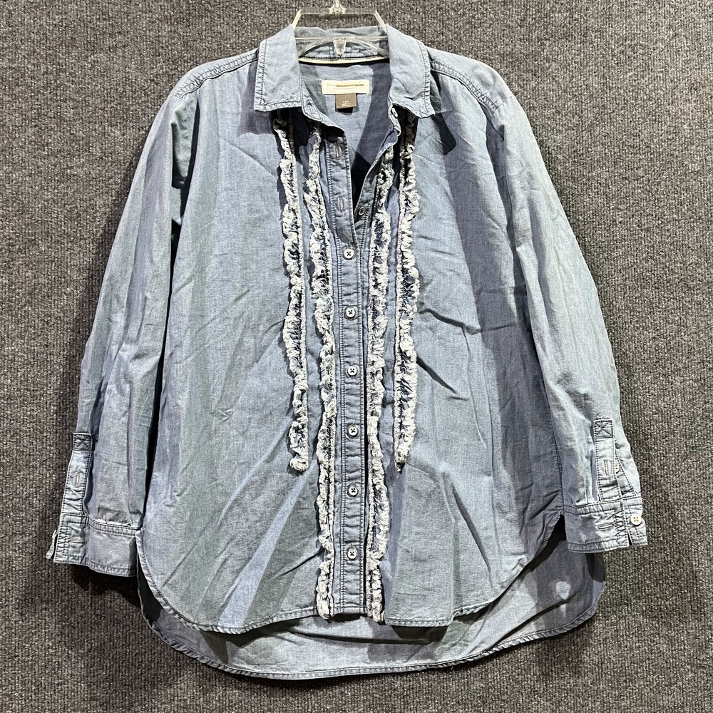 Pilcro By Anthropologie Shirt Womens XSP Blue Denim Ruffle Long Sleeve Button Up